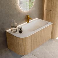 Mondiaz KURVE 95 cm Onderkast Greeploos 1 Lade Met Deuren Oak, Wastafel Solid Surface Rechts Talc 1 Kraangat Zonder Spiegel (KRVBGS95L1L1D1KR-Oak/Tal) - thumbnail