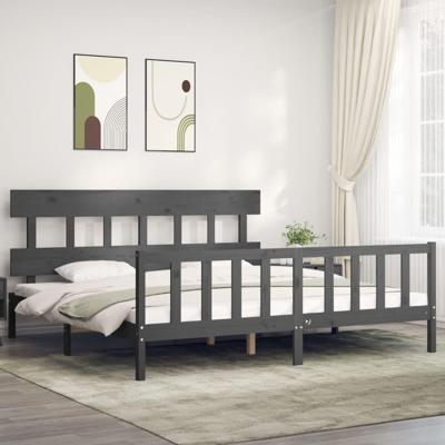 Bedframe met hoofdbord massief hout grijs 200x200 cm