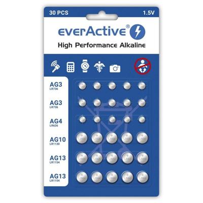 Set van 30 stuks everActive mini alkaline batterijen 10 x G3 / LR41, 5 x G4 / LR626, 5 x G10 / LR1130, 10 x G13 / LR1154 Set van 30 stuks everActive mini alkaline batterijen 10 x G3 / LR41, 5 x G4 / LR626, 5 x G10 / LR1130, 10 x G13 / LR1154