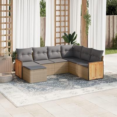 7-delige Loungeset met kussens poly rattan beige - thumbnail