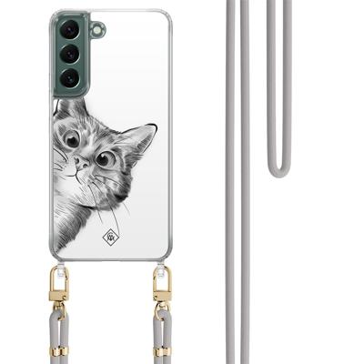 Samsung Galaxy S22 Plus hoesje met grijs koord - Peekaboo kat Samsung Galaxy S22 Plus hoesje met grijs koord - Peekaboo kat