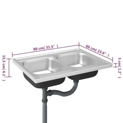 VidaXL Gootsteen met dubbele bak 800x600x155 mm roestvrij staal zilver