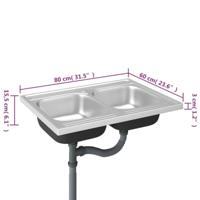 Gootsteen met dubbele bak 800x600x155 mm roestvrij staal zilver - thumbnail