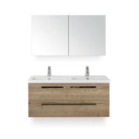 Seville Badmeubelset 120 cm - 2 laden Natuur Eiken - Wastafel Djazz Dubbel - met Spiegelkast - thumbnail