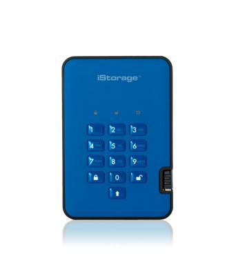 iStorage diskAshur2 SSD 512GB Blauw - Veilige draagbare Solid State Drive - Beveiligd met een wachtwoord - Stofdicht en waterdicht - Hardwarematige versleuteling