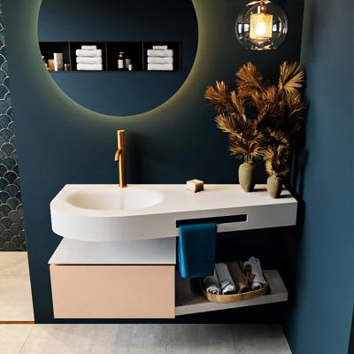 MONDIAZ RIVA 120cm badmeubel onderkast / planchet kleur Rosee met 1 lade. Wastafel DULCET links 1 kraangat kleur Talc.