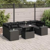 8-delige Loungeset met kussens poly rattan zwart - thumbnail