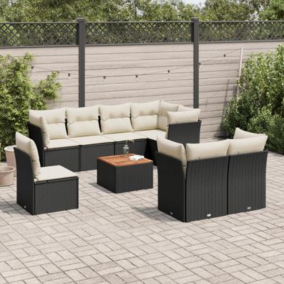 9-delige Loungeset met kussens poly rattan zwart