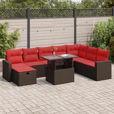 9-delige Loungeset met kussens poly rattan acacia zwart
