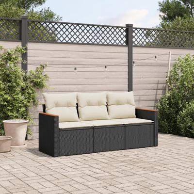 3-delige Loungeset met kussens poly rattan zwart - thumbnail