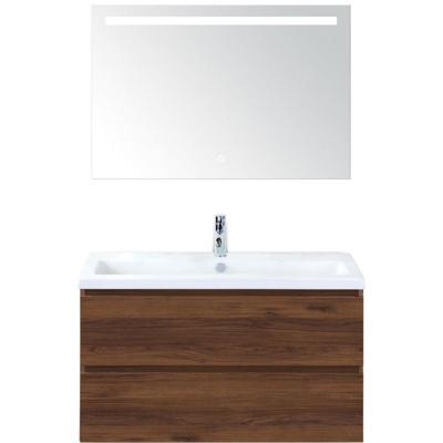 Vogue Badmeubelset 100 cm - Greeplijst in Kleur - Walnoot - Keramische Wastafel Wit 1 Kraangat met Sence Spiegel