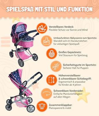 Combi-poppenwagen Mika - Vlinders Navy Roze