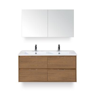 Porto Badmeubelset 120 cm - 4 laden Honey - Keramische Wastafel Wit Slim - met Spiegelkast