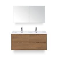 Porto Badmeubelset 120 cm - 4 laden Honey - Keramische Wastafel Wit Slim - met Spiegelkast - thumbnail