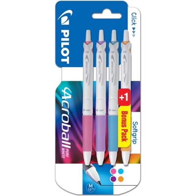 Pilot balpen Acroball Pure White, blister van 3 + 1 gratis, in vrolijke kleuren Pilot balpen Acroball Pure White, blister van 3 + 1 gratis, in vrolijke kleuren