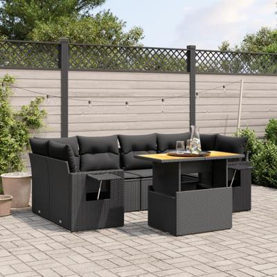 7-delige Loungeset met kussens poly rattan zwart