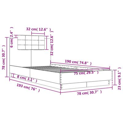 Bedframe met hoofdbord en LED grijs sonoma eikenkleur 75x190 cm