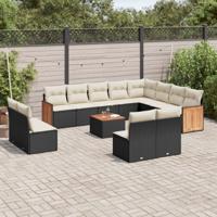 12-delige Loungeset met kussens poly rattan zwart - thumbnail