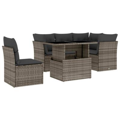 6-delige Loungeset met kussens poly rattan grijs