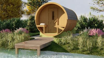 Tuindeco Thermowood barrelsauna Ø215x400 cm 42 mm grenen thermisch gemodificeerd- Boogdak- Geschaafd, thermisch gemodificeerd thermowood- Tuindeco