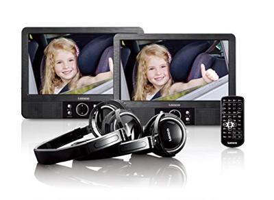 Lenco MES-415 Draagbare dvd-speler met dubbel scherm, USB en SD-aansluiting, 12 volt auto-adapter, afstandsbediening, 2 x hoofdsteunbevestiging, 2 x koptelefoon, zwart