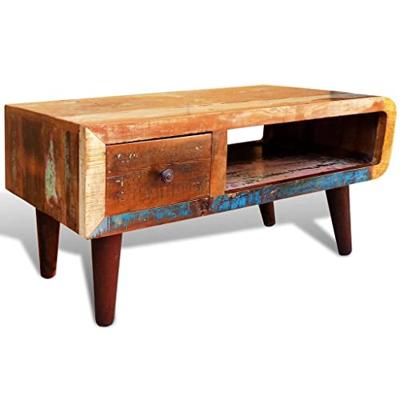 Salontafel met 1 gewelfde rand en 1 lade gerecycled hout - thumbnail