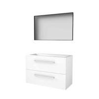Basic-Line Framed 46 Badkamermeubelset - 100 x 46 cm - Met Grepen - 2 Lades - Acryl Wastafel - 2 Kraangaten - Spiegel met Zwart Aluminium Frame - Ice White - thumbnail