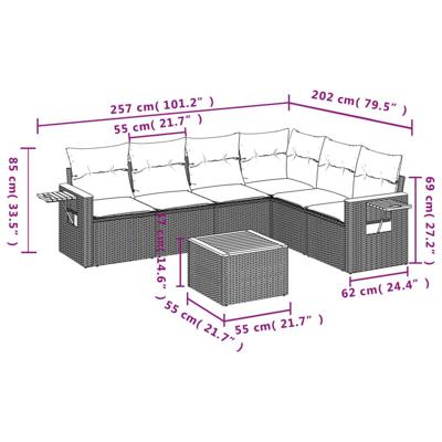 7-delige Loungeset met kussens poly rattan zwart