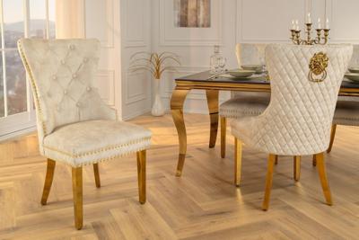 Barokke stoel CASTLE DELUXE beige fluweel goud roestvrij staal met leeuwenkop decoratieve klinknagels - 46148