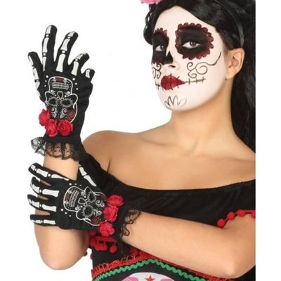 Halloween Horror verkleedhandschoenen zwart Day of the Dead voor dames - Verkleedhandschoenen
