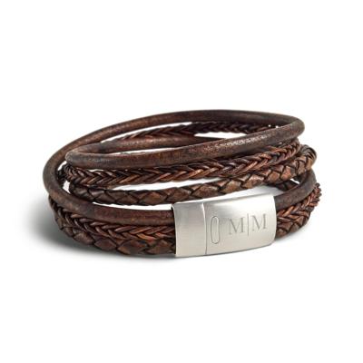 Luxe dubbele heren armband leer graveren - Bruin - S Luxe dubbele heren armband leer graveren - Bruin - S
