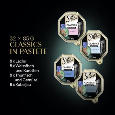 SHEBA Classics Ocean Selection Pate White Fish, Cod, Salmon, Tuna - šlapias kačių maistas - 32 x 85 g