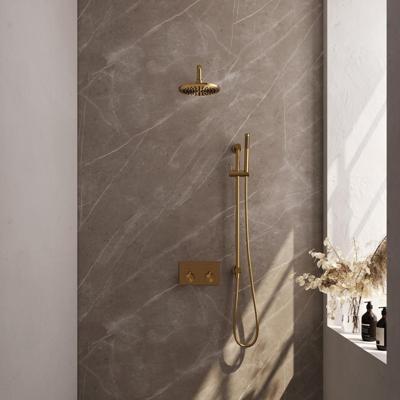 Brauer Gold Edition Thermostatische Regendoucheset Inbouw - Hoofddouche 20 cm - Gebogen Wandarm - Met Drukknoppen - Handdouche Staaf - Doucheslang - Geintegreerde Glijstang - Geborsteld Goud