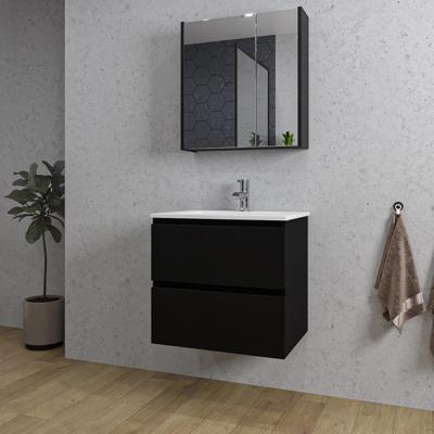 Saniclass Chaci Badkamermeubelset - 60x46x55cm - keramische wastafel wit - 1 wasbak - 1 kraangat - 2 lades - spiegelkast - mat zwart SW1212760/SW1212815/SW812071/SW804530