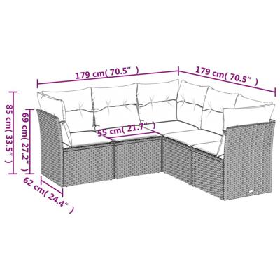 5-delige Loungeset met kussens poly rattan beige - thumbnail