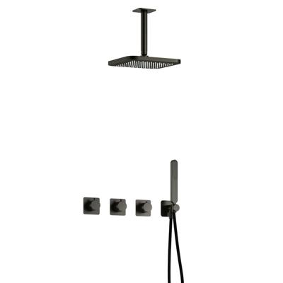 Hotbath Gal - Inbouw Regendoucheset - Geborsteld Gunmetal PVD - 2 Stopkranen - Thermostatisch - Plafondbuis 15 cm - Hoofddouche 220 mm - Staafhanddouche - V02