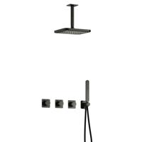 Hotbath Gal - Inbouw Regendoucheset - Geborsteld Gunmetal PVD - 2 Stopkranen - Thermostatisch - Plafondbuis 15 cm - Hoofddouche 220 mm - Staafhanddouche - V02 - thumbnail