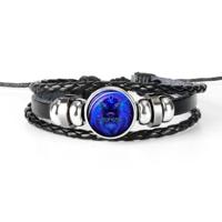12 sterrenbeeld zwart gevlochten lederen glazen koepel Punk mannen Bracelet(Leo) - thumbnail
