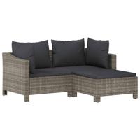 3-delige Loungeset met kussens poly rattan grijs - thumbnail