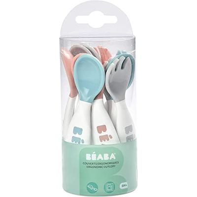 BEABA Set van 6 ergonomische lepels + 4 vorken (oudroze + luchtig groen + lichte mist)