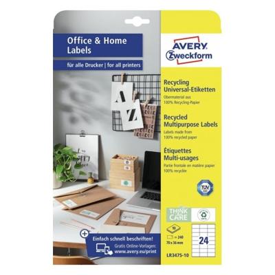 Avery-Zweckform LR3475-10 Etiketten 70 x 36 mm Kringlooppapier Wit 240 stuk(s) Permanent hechtend Universele etiketten 10 vel DIN A4 Avery-Zweckform LR3475-10 Etiketten 70 x 36 mm Kringlooppapier Wit 240 stuk(s) Permanent hechtend Universele etiketten 10 vel DIN A4