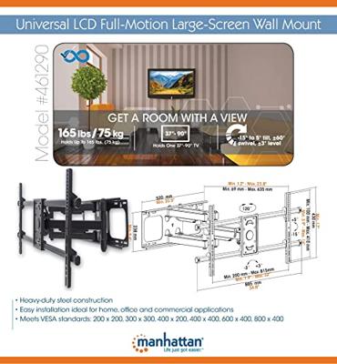 Manhattan 461290 Universal + Curved TV-beugel 94,0 cm (37) - 228,6 cm (90) Kantelbaar, Zwenkbaar Voor curved TVs