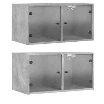 Wandkasten met glazen deuren 2 st 68,5x37x35 cm betongrijs