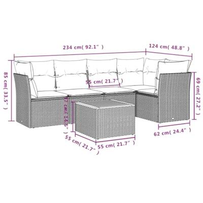 6-delige Loungeset met kussens poly rattan zwart