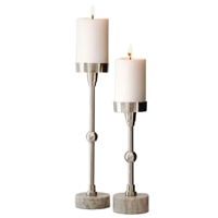 Kandelaar Zilver & Beige - Kaarsenstandaard - Kaarsenhouders - Marble Art, 2 stuks - Metaal & Marmer - thumbnail