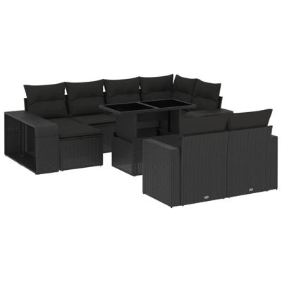 11-delige Loungeset met kussens poly rattan zwart