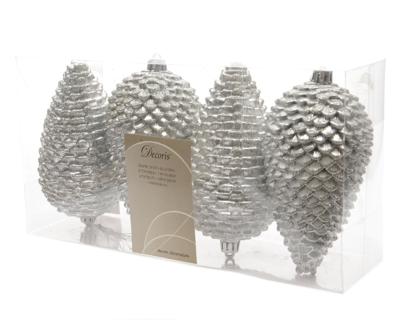 4 Dennenappels plastic glitter hang 12x7cm zilver KSD - Ksd