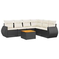 7-delige Loungeset met kussens poly rattan zwart - thumbnail