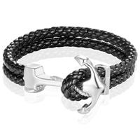 Heren armband Leer Anker Mendes Zilverkleurig Zwart - 19cm - thumbnail