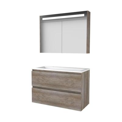 Basic-Line Premium 46 Badkamermeubelset - 100 x 46 cm - Greeploos - 2 Lades - Acryl Wastafel - 2 Kraangaten - Spiegelkast met LED Verlichting - Scotch Oak